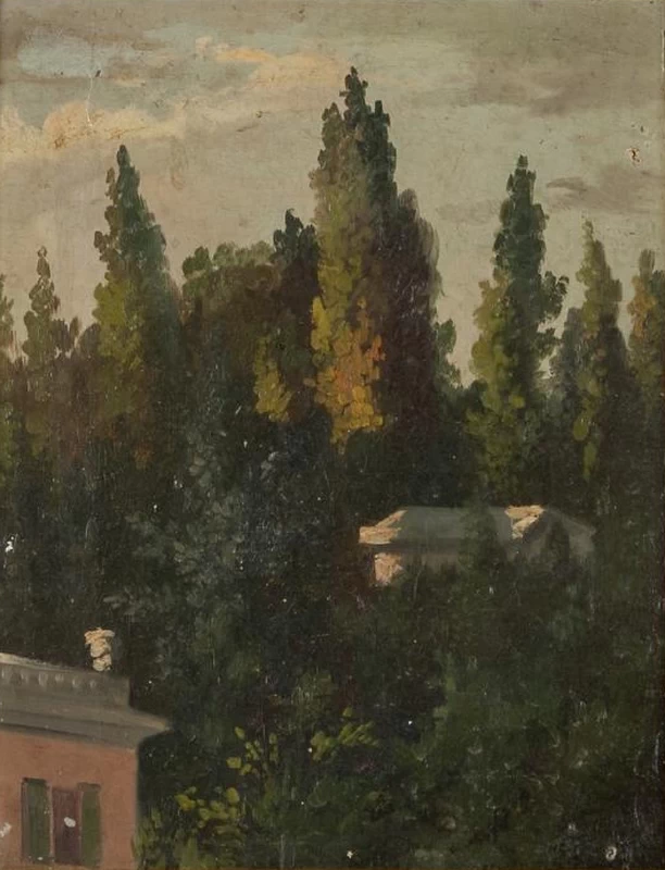 Paesaggio toscano con casetta rosa